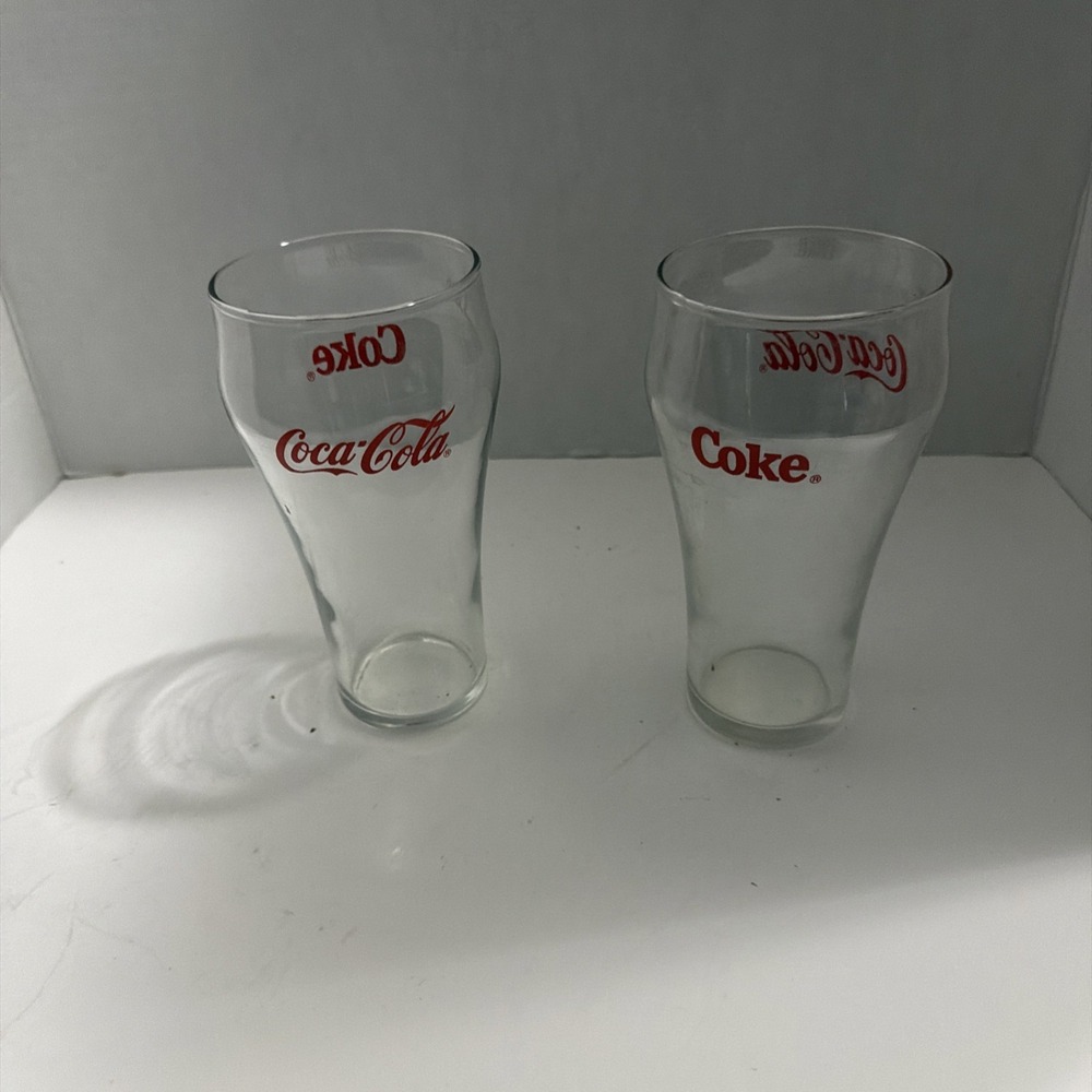 Vintage Coca-Cola Coke Bell Glasses Set of 2 Clear Red Script Logo Soda Fountain
